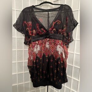 BEBE 100% Silk Black Sheer Paisley V-Neck Dress